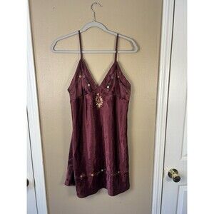 Vintage Y2K Burgundy Satin Floral Embroidered Slip Dress Nightgown Delicates Med